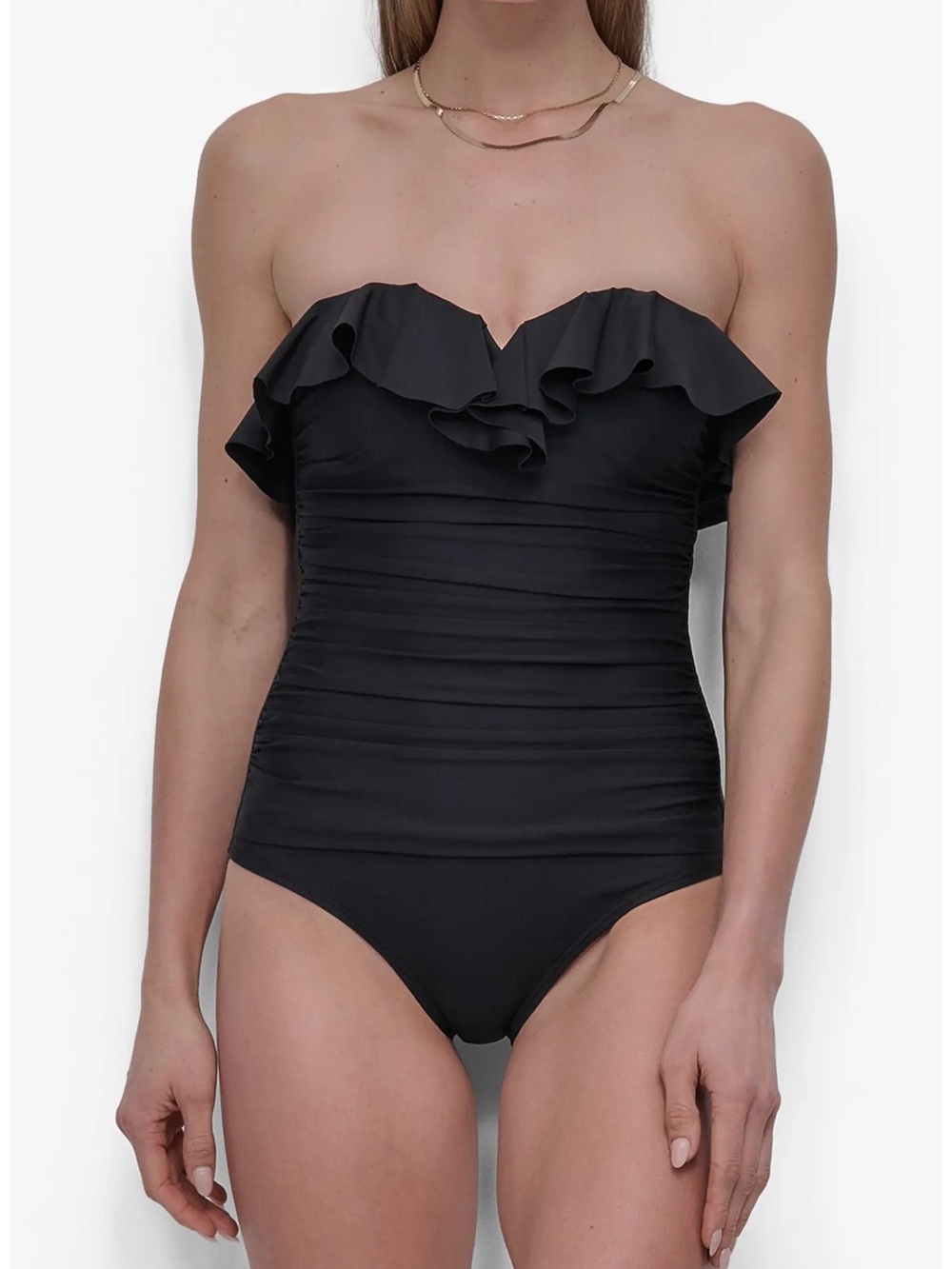 DKNY Black Strapless Ruffle One-Piece Swimsuit small